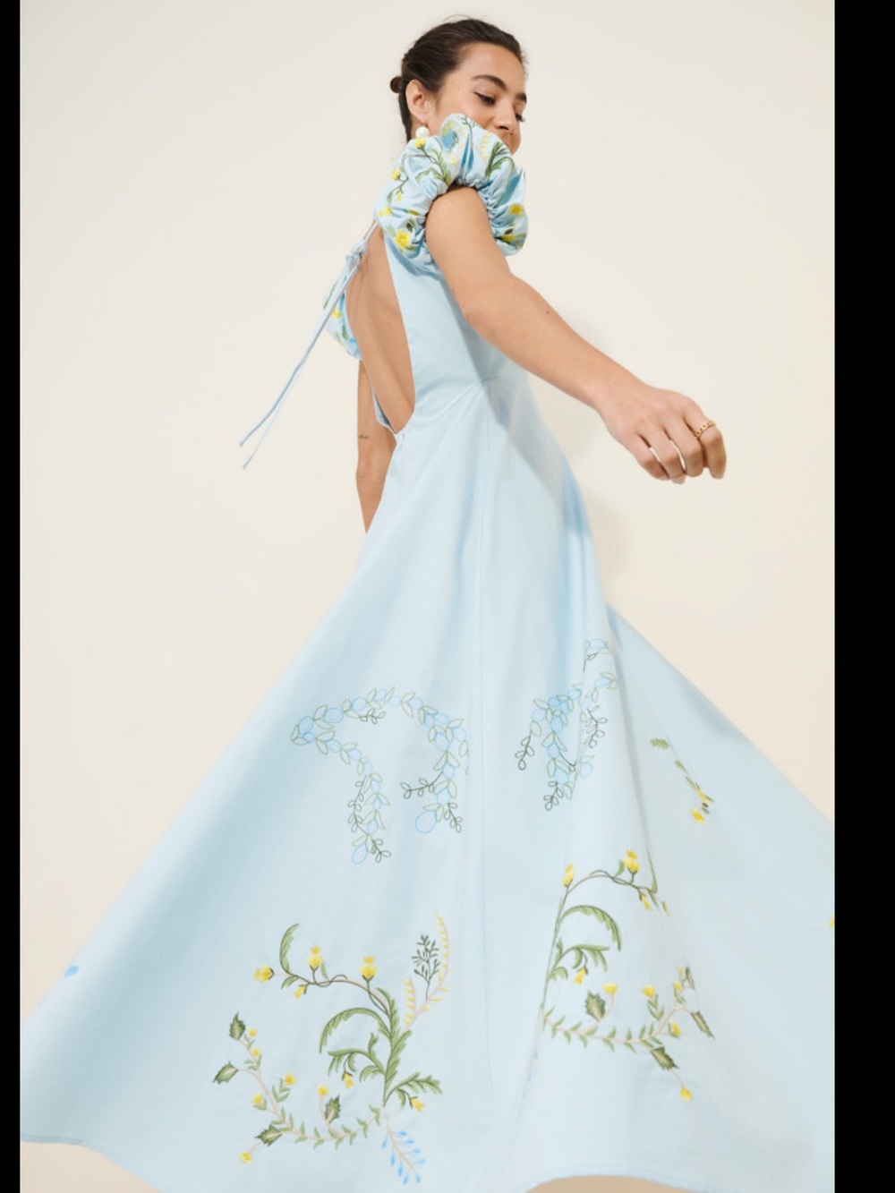 Fanm Mon Perla Puff Sleeve Light Blue Floral Embroidered Dress